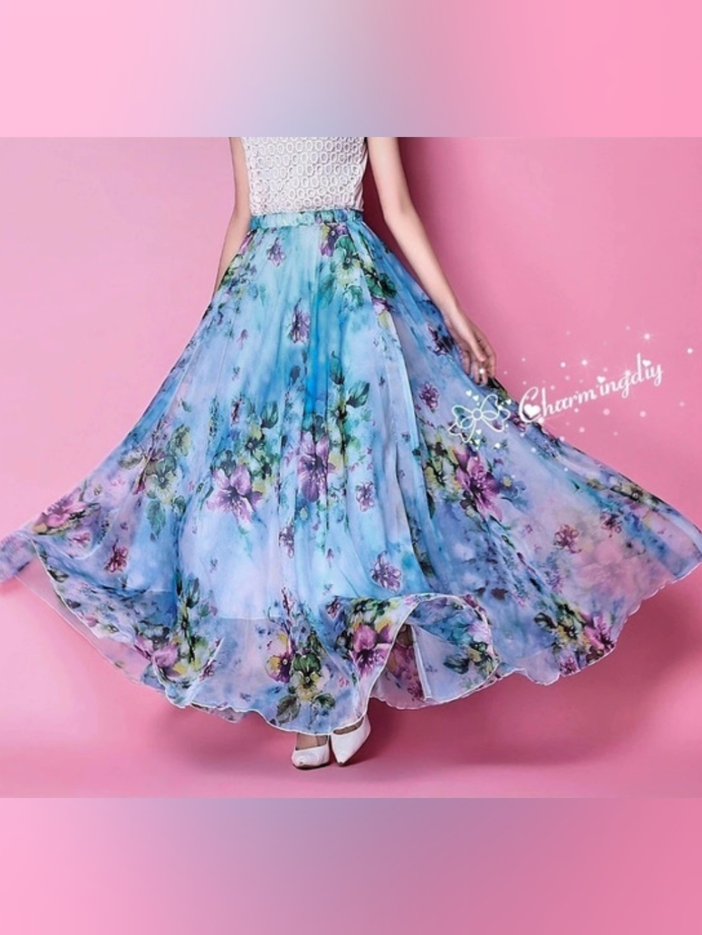 Charminglyly Floral Maxi Skirt in Blue & Purple NWT